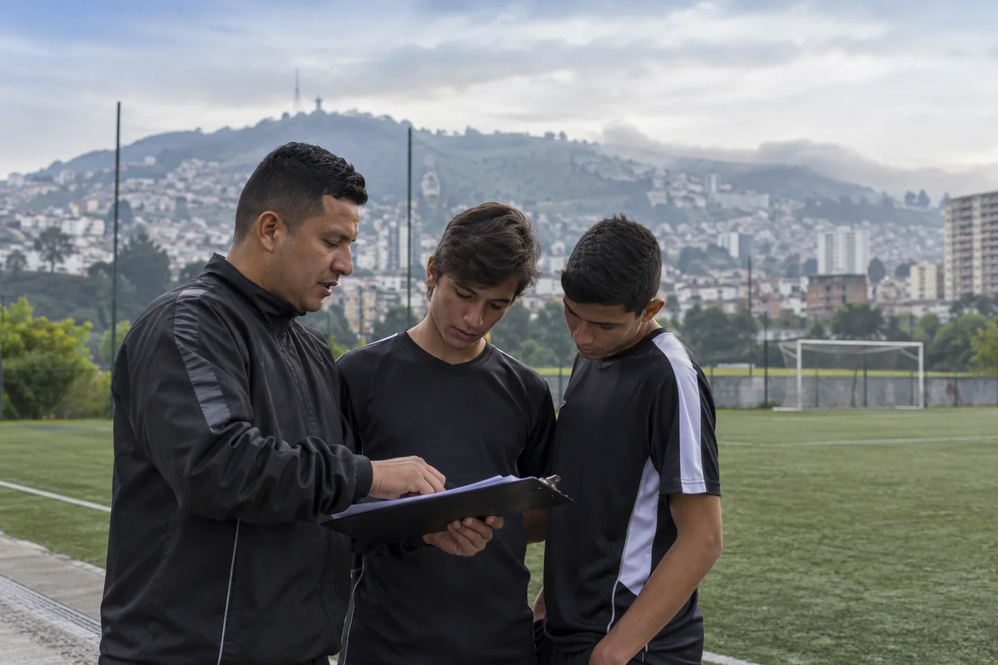 Entrenador revisando progreso con jugadores juveniles