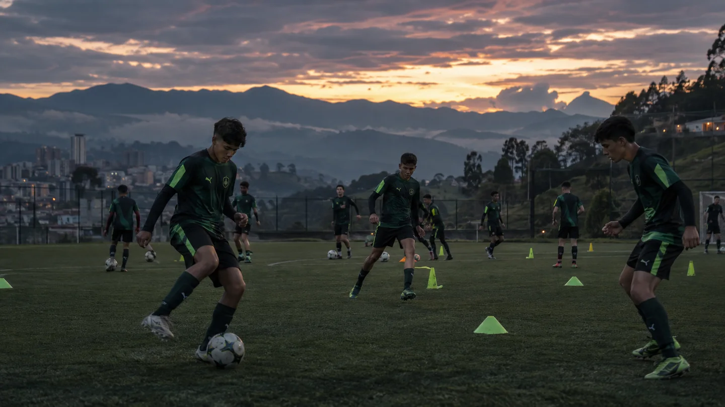 Academia juvenil de fútbol en Manizales al atardecer